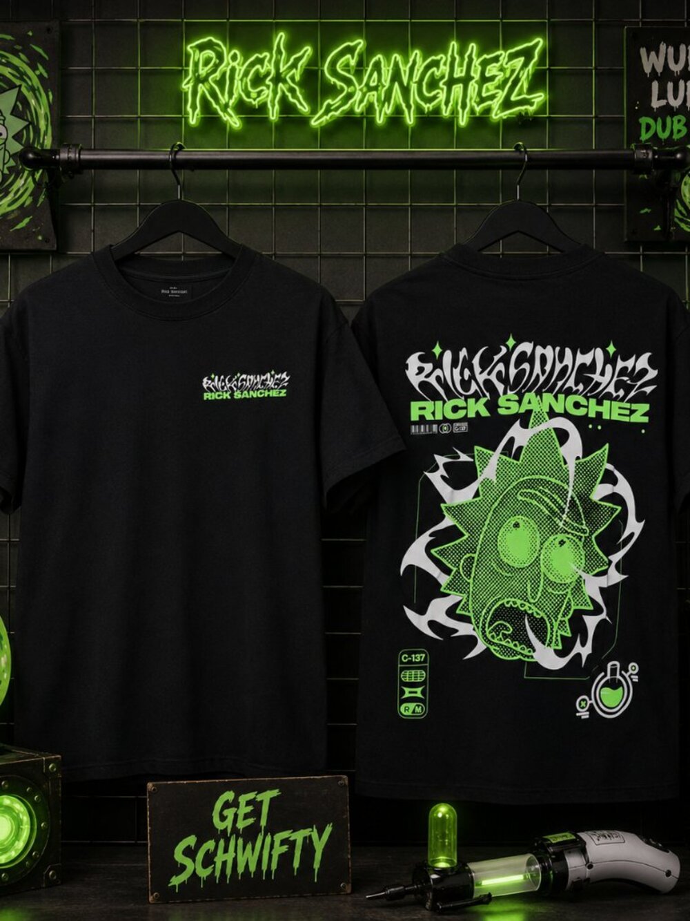 Rick and Morty Neon C-137 Graphic T-Shirt Black Very Good Condition